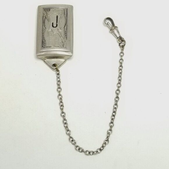 Vintage Watch Chain, J Monogram Slide and Dog Clip, True Silver Plate. Estate - Picture 8 of 8